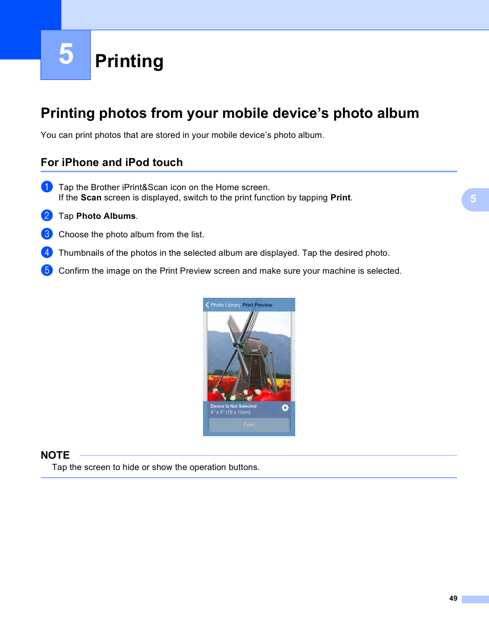 5 printing, For iphone and ipod touch, Printing | Brother Mobile Print/Scan for Brother iPrint&Scan User Manual | Page 53 / 115