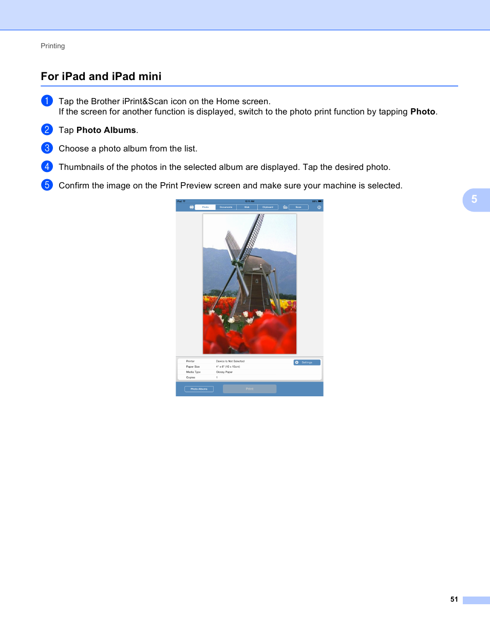 For ipad and ipad mini, 5for ipad and ipad mini | Brother Mobile Print/Scan for Brother iPrint&Scan User Manual | Page 55 / 115
