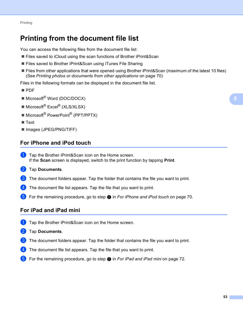 Printing from the document file list, For iphone and ipod touch, For ipad and ipad mini | For iphone and ipod touch for ipad and ipad mini | Brother Mobile Print/Scan for Brother iPrint&Scan User Manual | Page 57 / 115