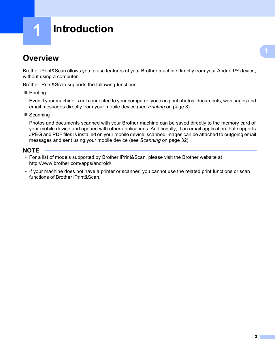 1 introduction, Overview, Introduction | Brother Mobile Print/Scan for Brother iPrint&Scan User Manual | Page 6 / 115