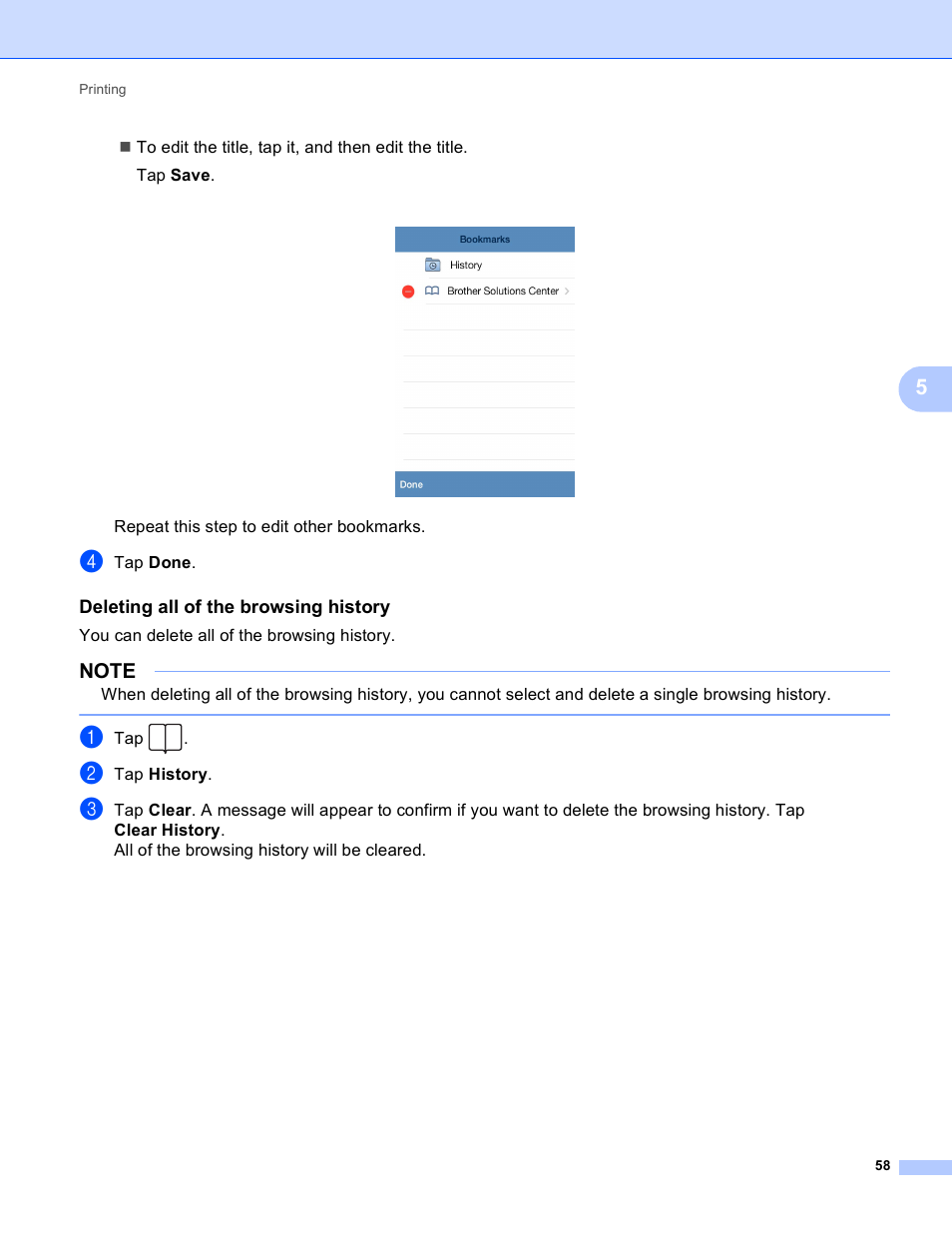 Deleting all of the browsing history | Brother Mobile Print/Scan for Brother iPrint&Scan User Manual | Page 62 / 115