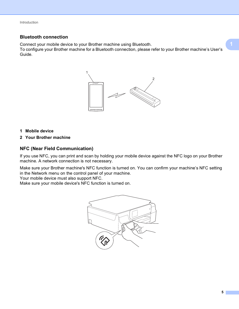 Bluetooth connection, Nfc (near field communication), 1 mobile device 2 your brother machine | Brother Mobile Print/Scan for Brother iPrint&Scan User Manual | Page 9 / 115