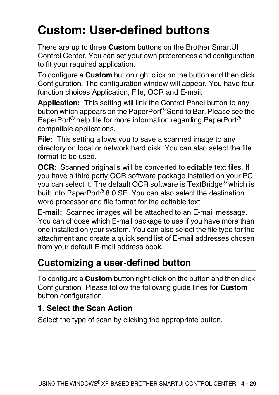 Custom: user-defined buttons, Customizing a user-defined button, Select the scan action | Custom: user-defined buttons -29, Customizing a user-defined button -29, Select the scan action -29 | Brother MFC-3420C User Manual | Page 105 / 181