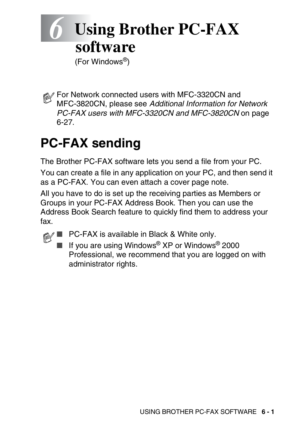 6 using brother pc-fax software, Pc-fax sending, Using brother pc-fax software -1 | Pc-fax sending -1, Using brother pc-fax software | Brother MFC-3420C User Manual | Page 113 / 181