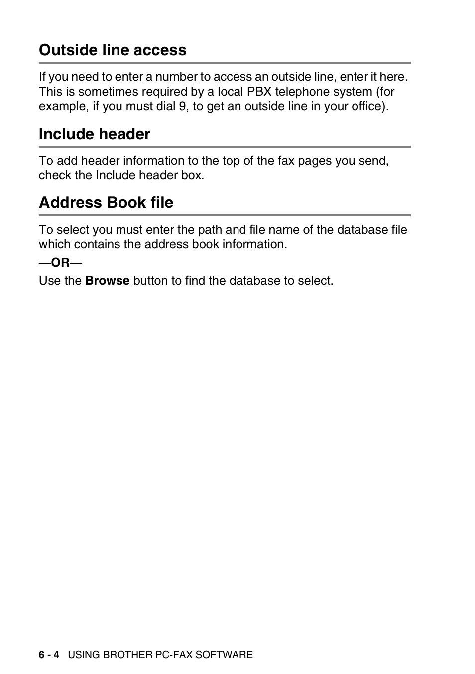 Outside line access, Include header, Address book file | Brother MFC-3420C User Manual | Page 116 / 181