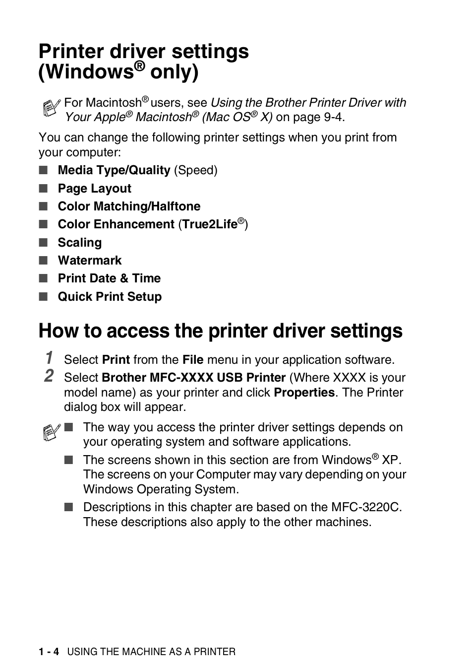 Printer driver settings (windows® only), How to access the printer driver settings, Printer driver settings (windows | Only) -4, How to access the printer driver settings -4, Only) | Brother MFC-3420C User Manual | Page 12 / 181