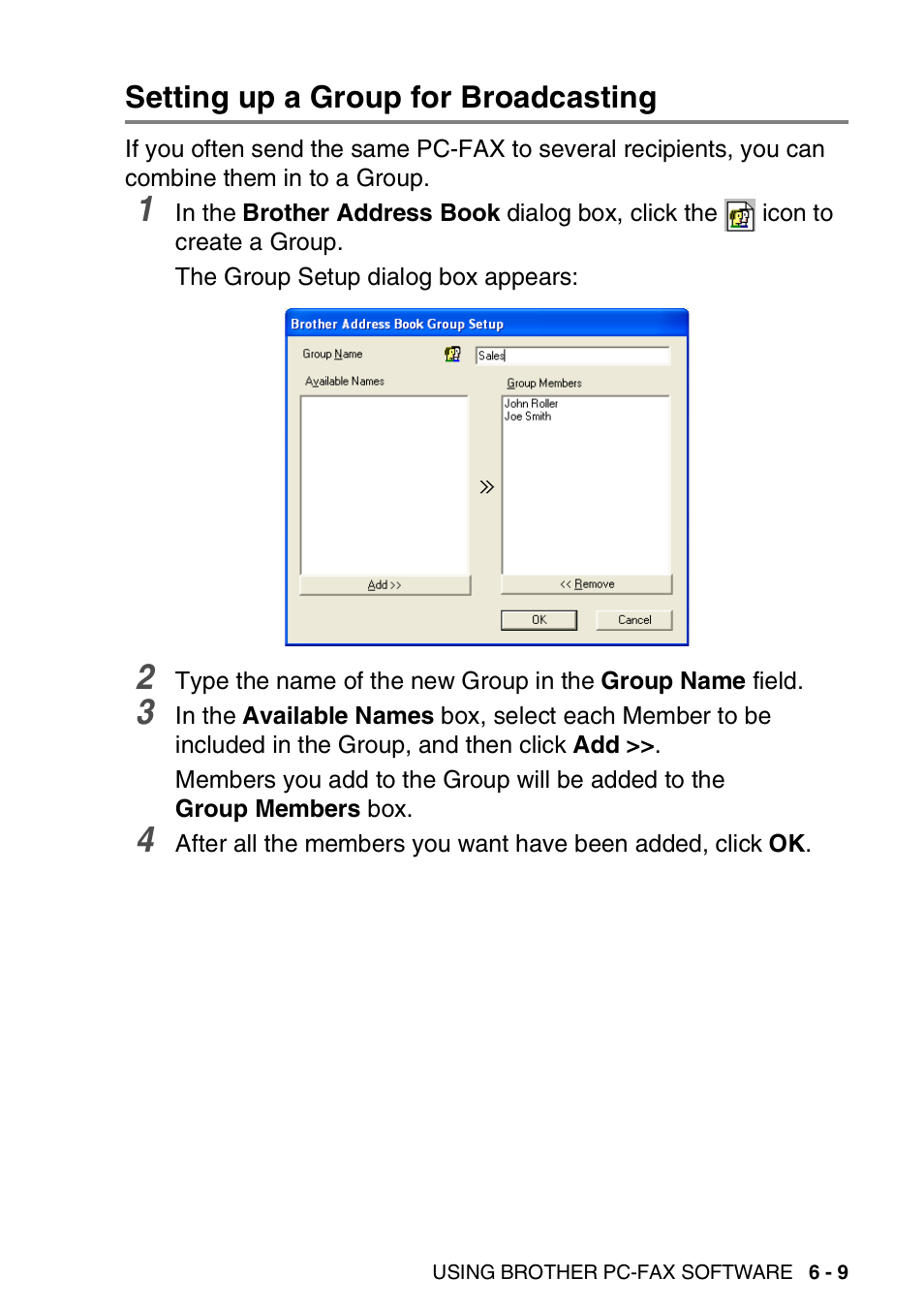 Setting up a group for broadcasting, Setting up a group for broadcasting -9 | Brother MFC-3420C User Manual | Page 121 / 181