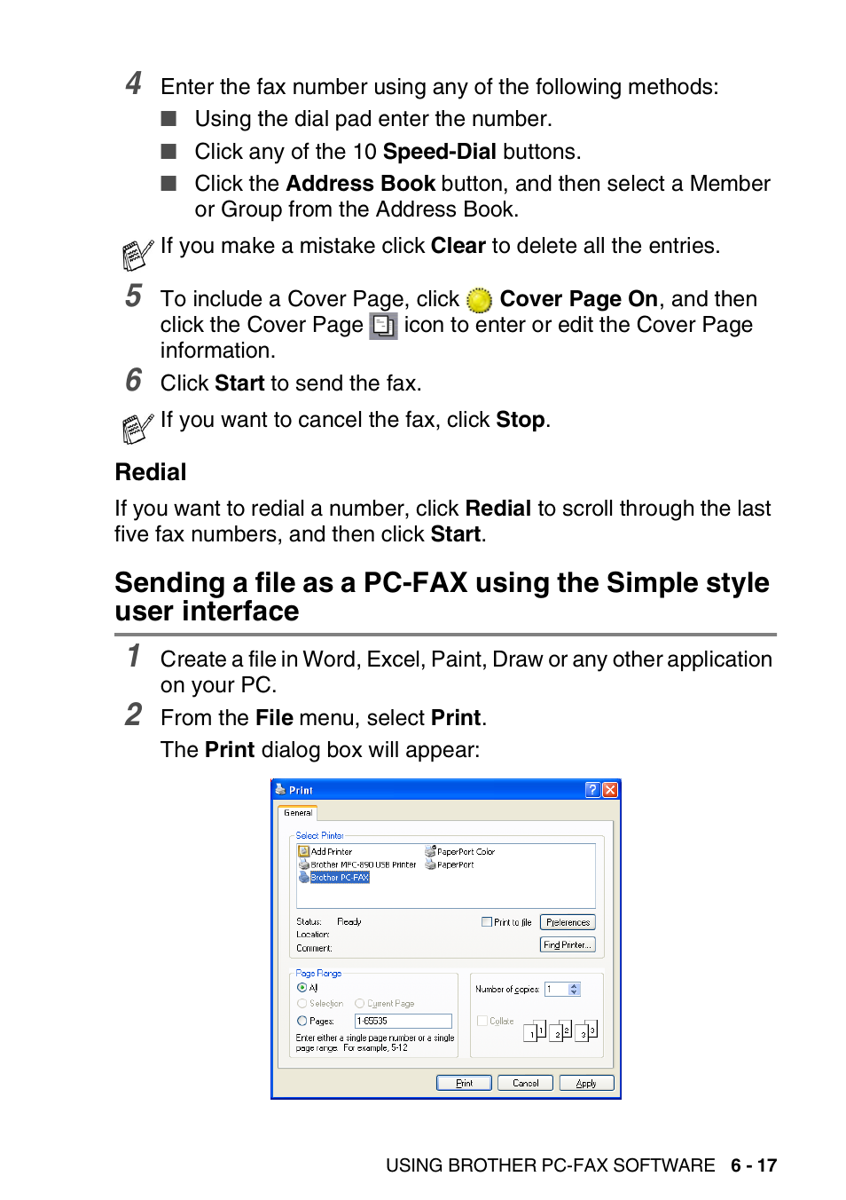 Redial, Redial -17, Sending a file as a pc-fax using the simple | Style user interface -17 | Brother MFC-3420C User Manual | Page 129 / 181
