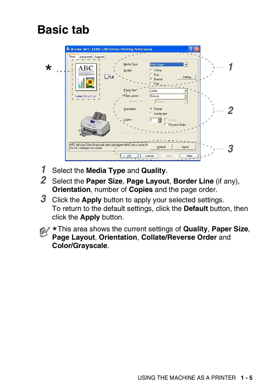 Basic tab, Basic tab -5 | Brother MFC-3420C User Manual | Page 13 / 181