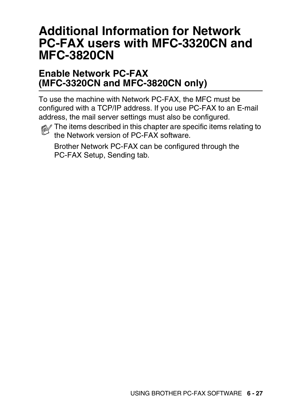 Mfc-3320cn and mfc-3820cn -27, Enable network pc-fax, Mfc-3320cn and mfc-3820cn only) -27 | Brother MFC-3420C User Manual | Page 139 / 181