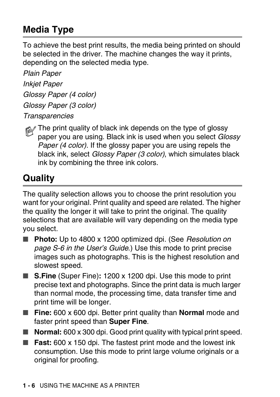 Media type, Quality, Media type -6 quality -6 | Brother MFC-3420C User Manual | Page 14 / 181