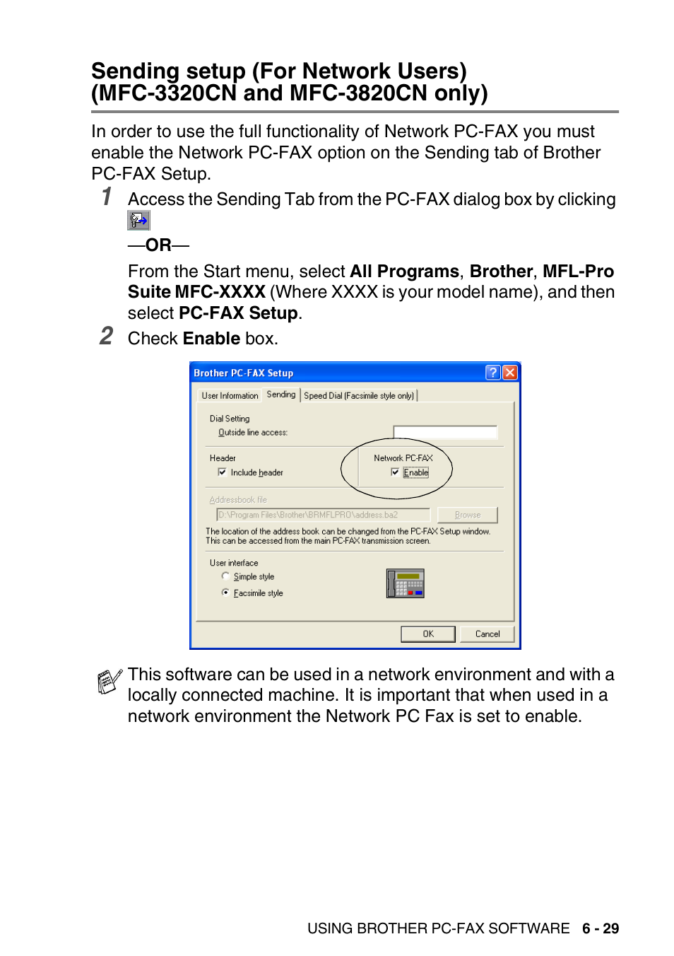 Sending setup (for network users), Mfc-3320cn and mfc-3820cn only) -29 | Brother MFC-3420C User Manual | Page 141 / 181