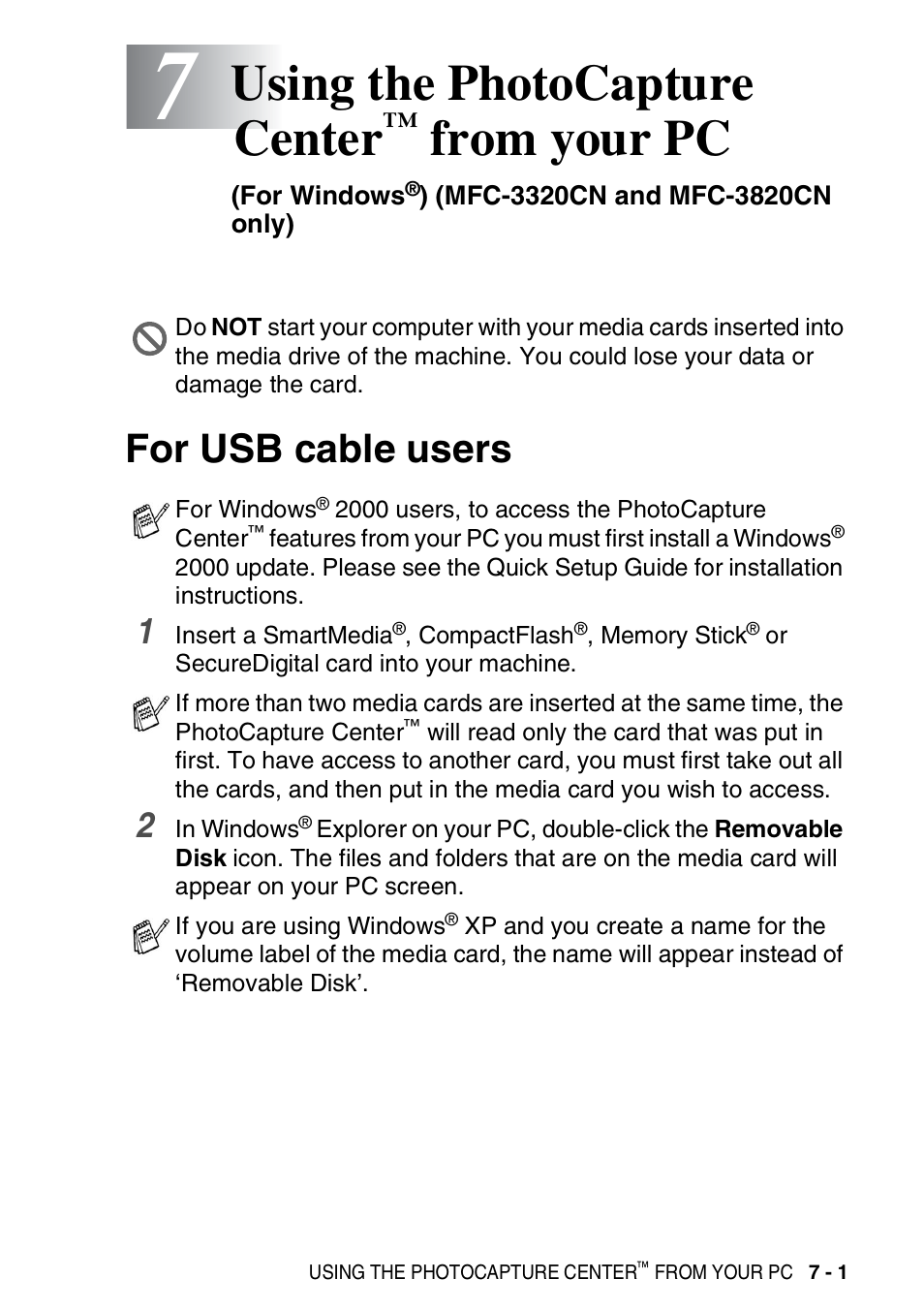 7 using the photocapture center™ from your pc, For usb cable users, Using the photocapture center | From your pc, For windows, Mfc-3320cn and mfc-3820cn only) -1, For usb cable users -1 | Brother MFC-3420C User Manual | Page 143 / 181