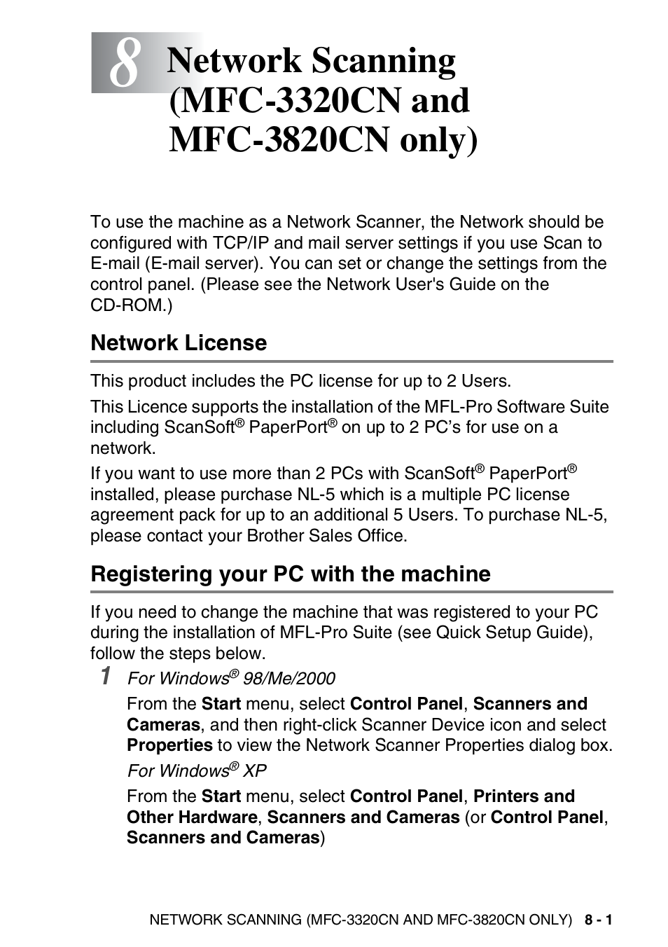 Network license, Registering your pc with the machine | Brother MFC-3420C User Manual | Page 147 / 181