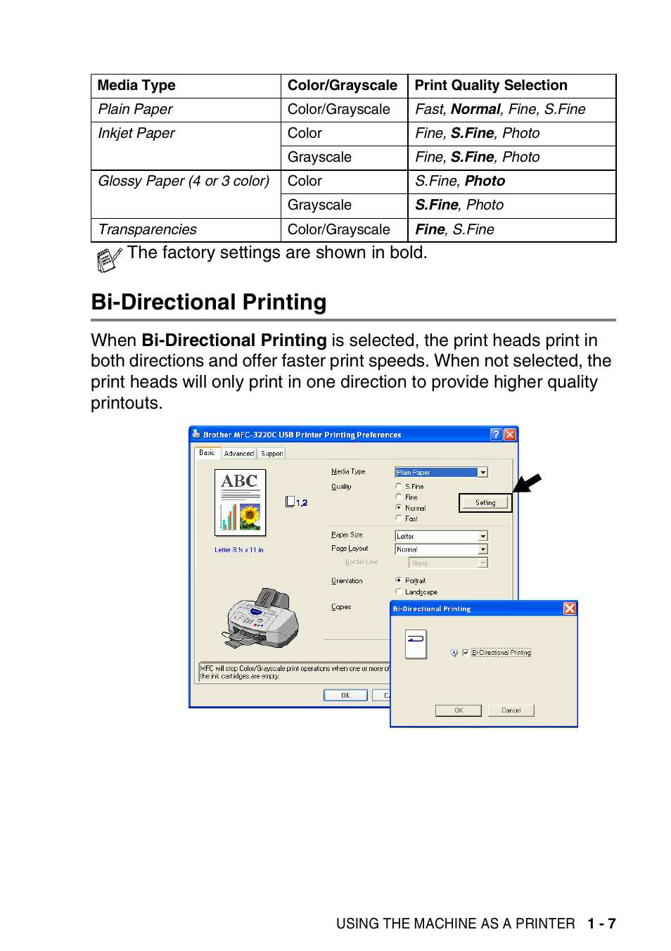 Bi-directional printing, Bi-directional printing -7, The factory settings are shown in bold | Brother MFC-3420C User Manual | Page 15 / 181