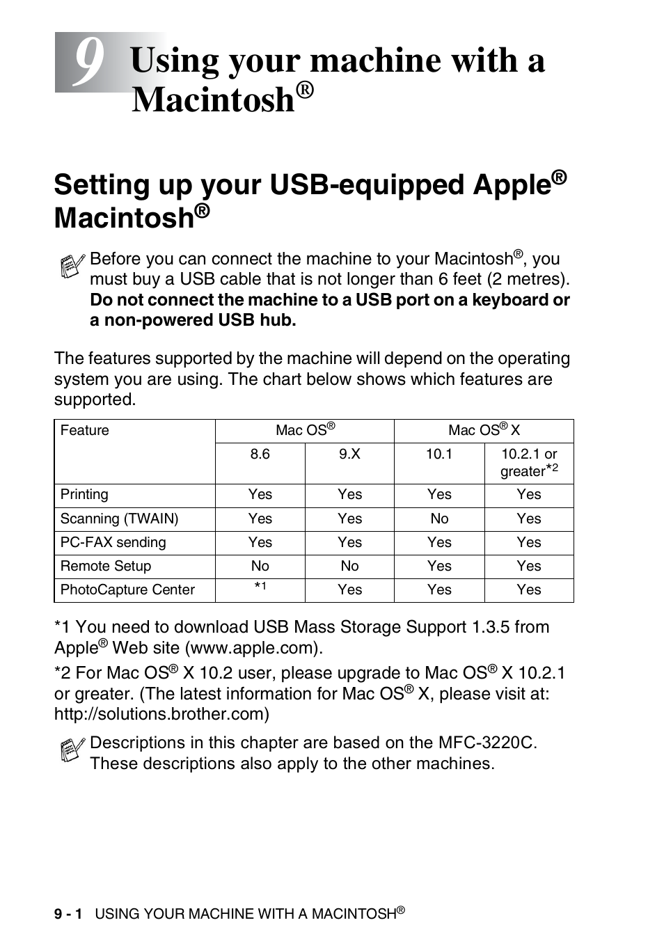 9 using your machine with a macintosh, Setting up your usb-equipped apple® macintosh, Using your machine with a macintosh | Setting up your usb-equipped apple, Macintosh | Brother MFC-3420C User Manual | Page 156 / 181