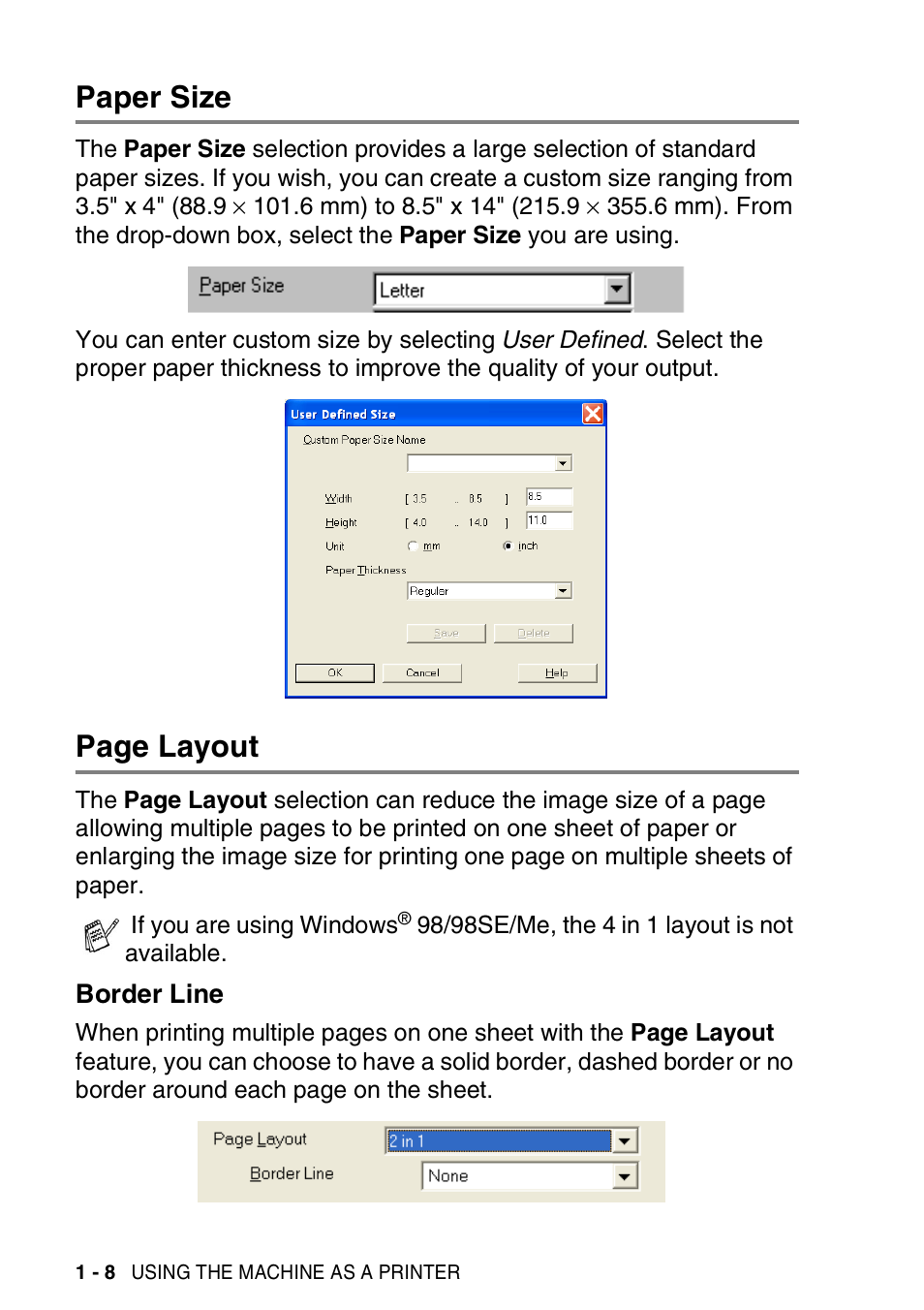 Paper size, Border line, Border line -8 | Page layout | Brother MFC-3420C User Manual | Page 16 / 181