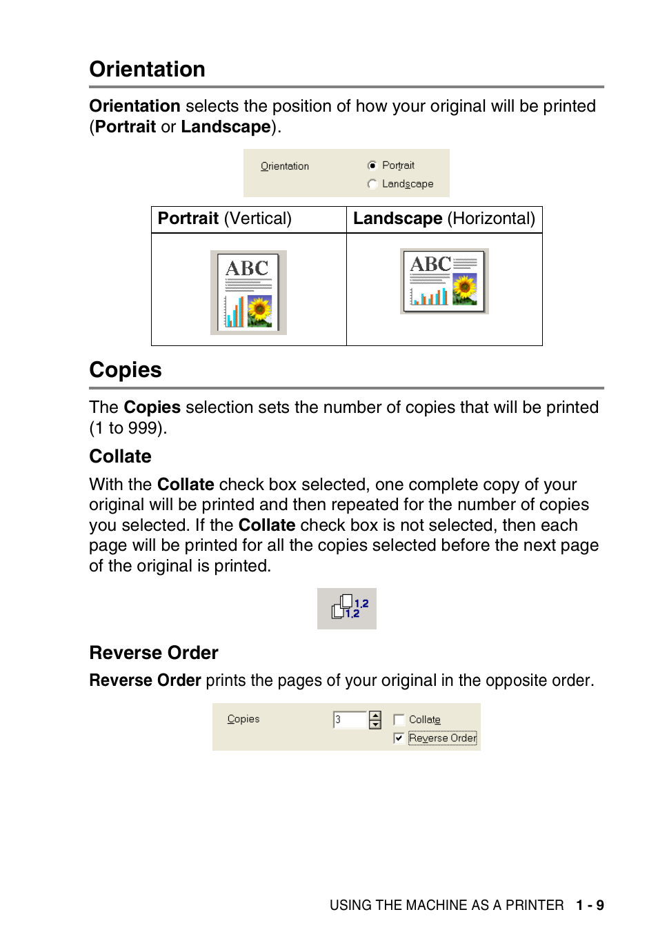 Orientation, Copies, Collate | Reverse order, Orientation -9 copies -9, Collate -9 reverse order -9 | Brother MFC-3420C User Manual | Page 17 / 181