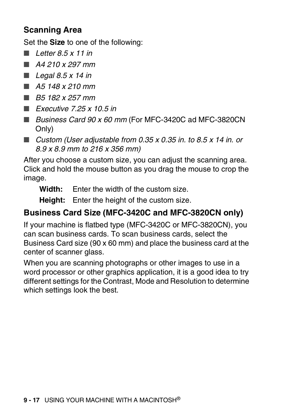 Scanning area, Business card size (mfc-3420c and mfc-3820cn only), Mfc-3820cn only) -17 | Brother MFC-3420C User Manual | Page 172 / 181