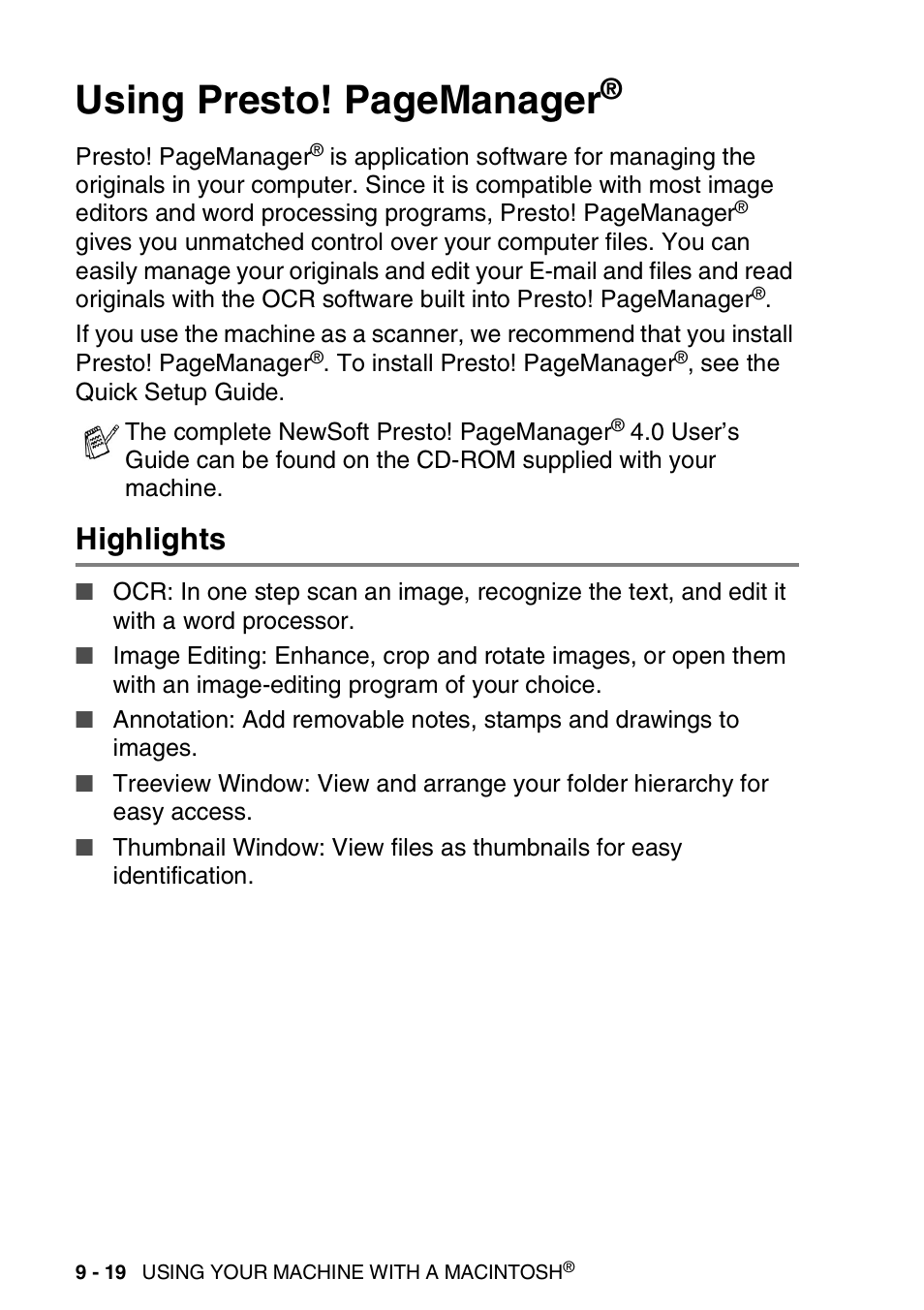 Highlights, Highlights -19, Using presto! pagemanager | Brother MFC-3420C User Manual | Page 174 / 181