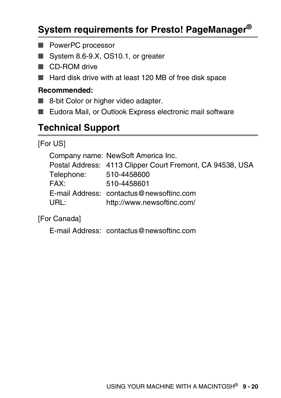 Technical support, Technical support -20, System requirements for presto! pagemanager | Brother MFC-3420C User Manual | Page 175 / 181