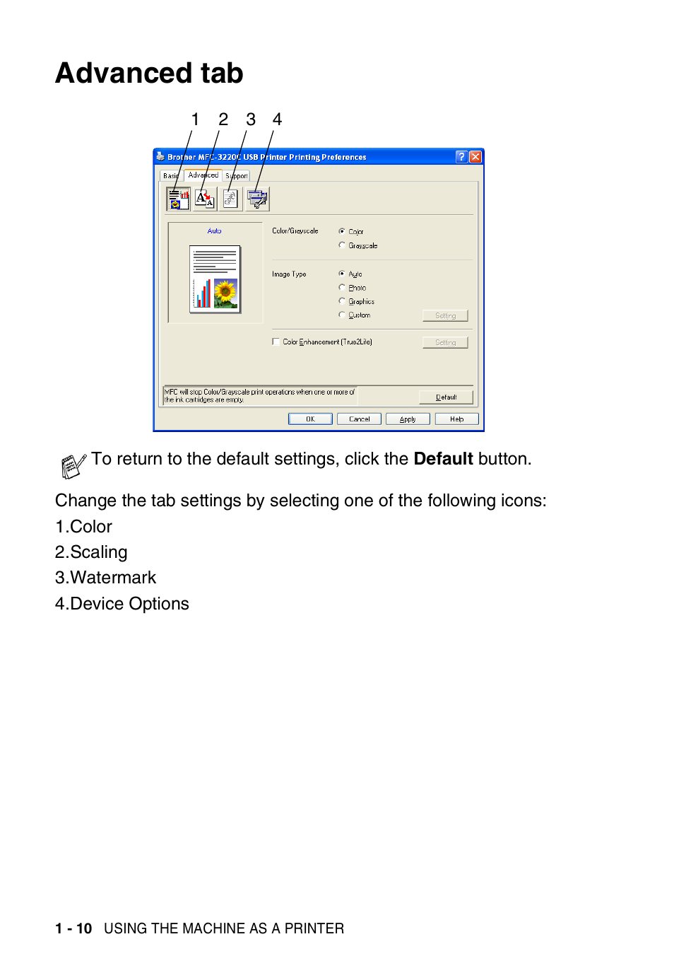 Advanced tab, Advanced tab -10 | Brother MFC-3420C User Manual | Page 18 / 181