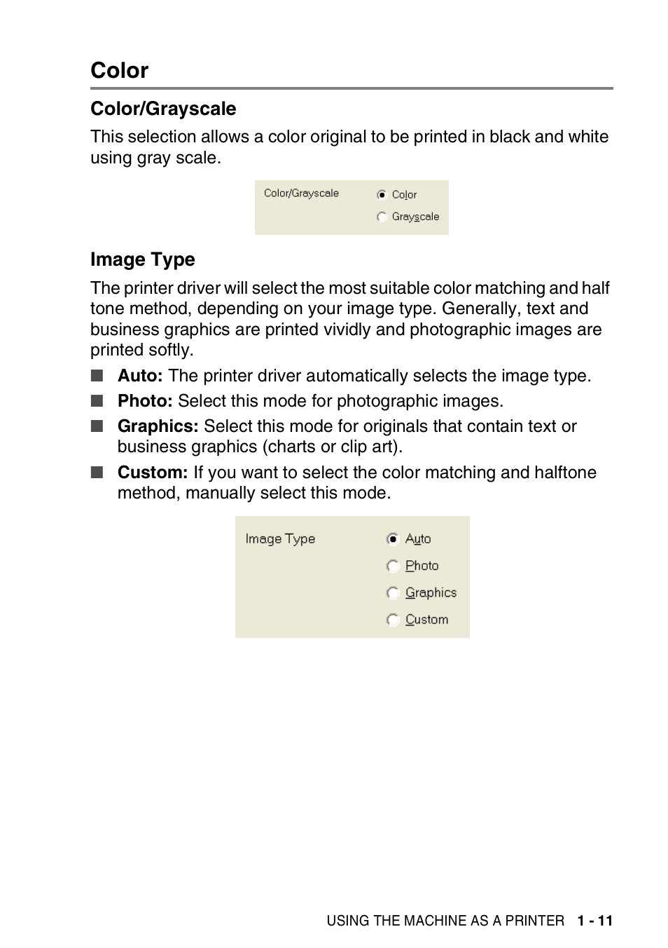 Color, Color/grayscale, Image type | Color -11, Color/grayscale -11 image type -11 | Brother MFC-3420C User Manual | Page 19 / 181