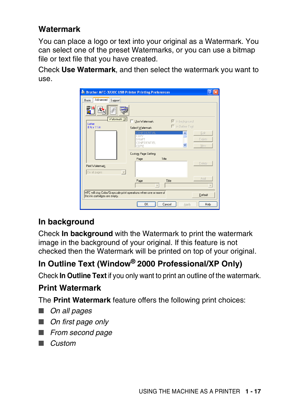 Watermark, In background, Print watermark | Watermark -17 in background -17 in outline text, Window, 2000 professional/xp only) -17, Print watermark -17 | Brother MFC-3420C User Manual | Page 25 / 181
