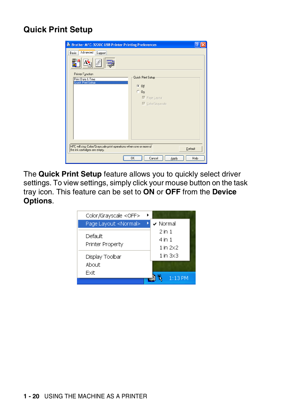 Quick print setup, Quick print setup -20 | Brother MFC-3420C User Manual | Page 28 / 181