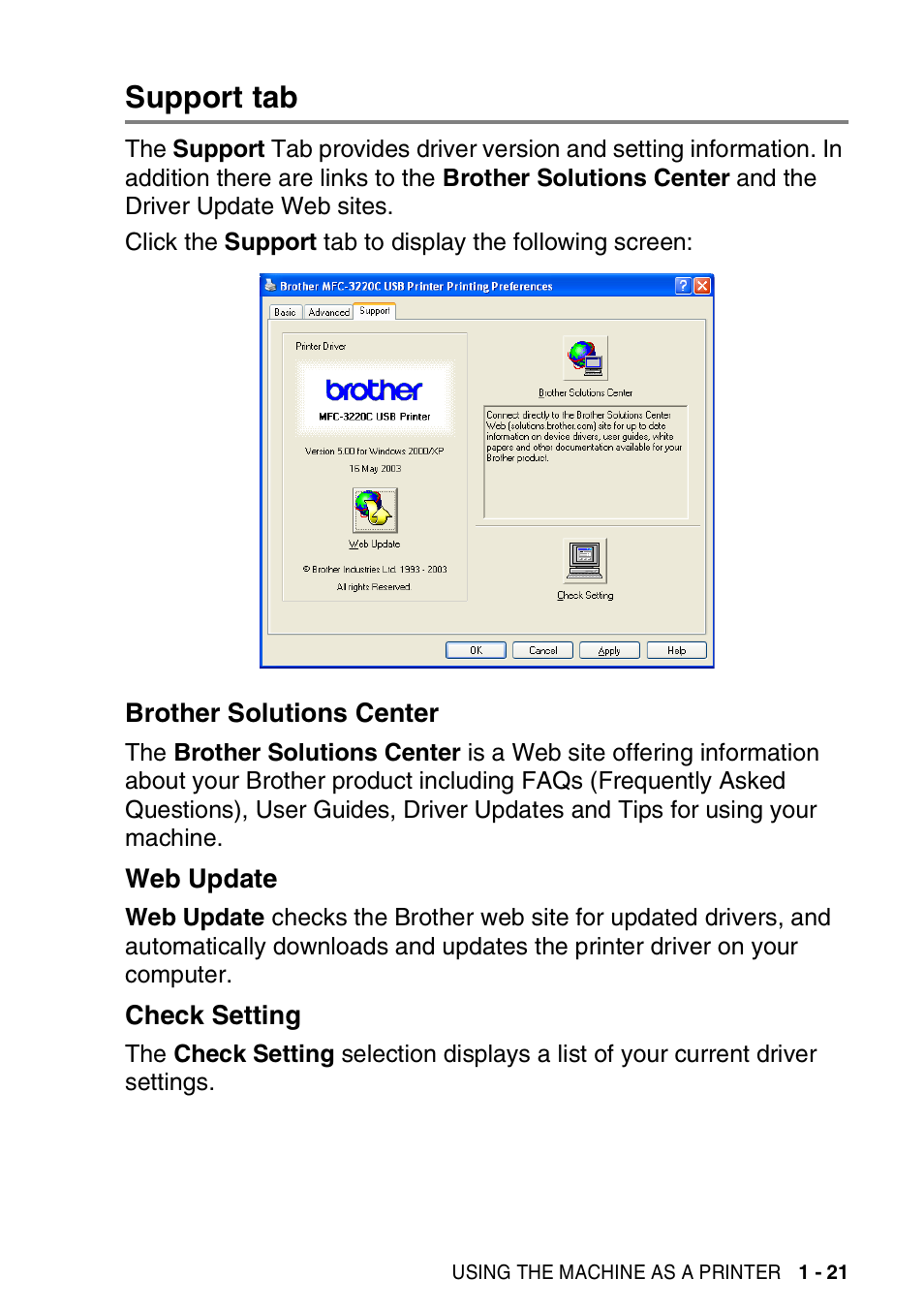 Support tab, Brother solutions center, Web update | Check setting, Support tab -21 | Brother MFC-3420C User Manual | Page 29 / 181