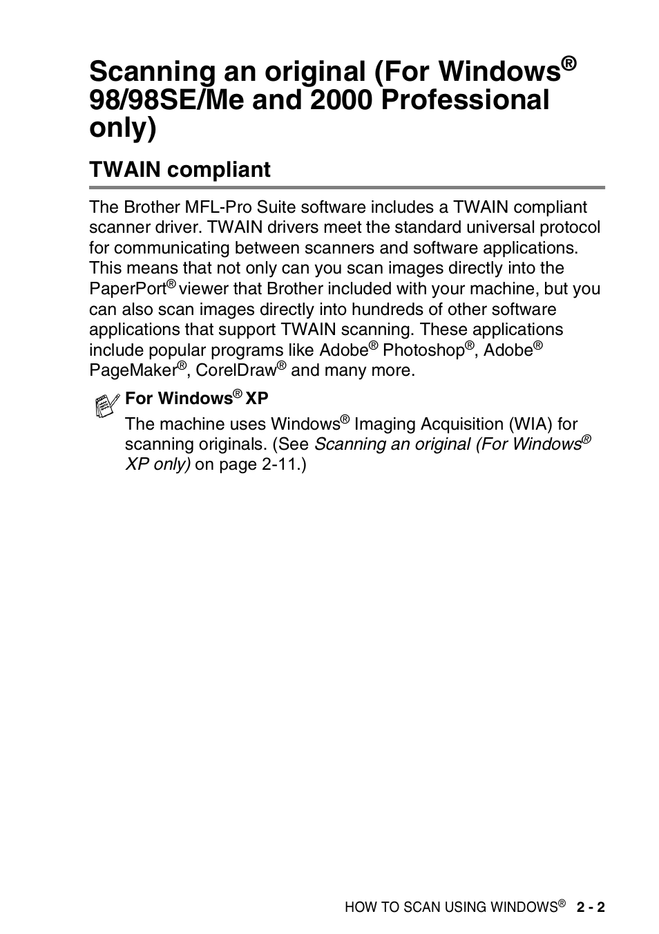 Twain compliant, Scanning an original (for windows, 98/98se/me and | 2000 professional only) -2, Twain compliant -2, 98/98se/me and 2000 professional only) , twain | Brother MFC-3420C User Manual | Page 31 / 181