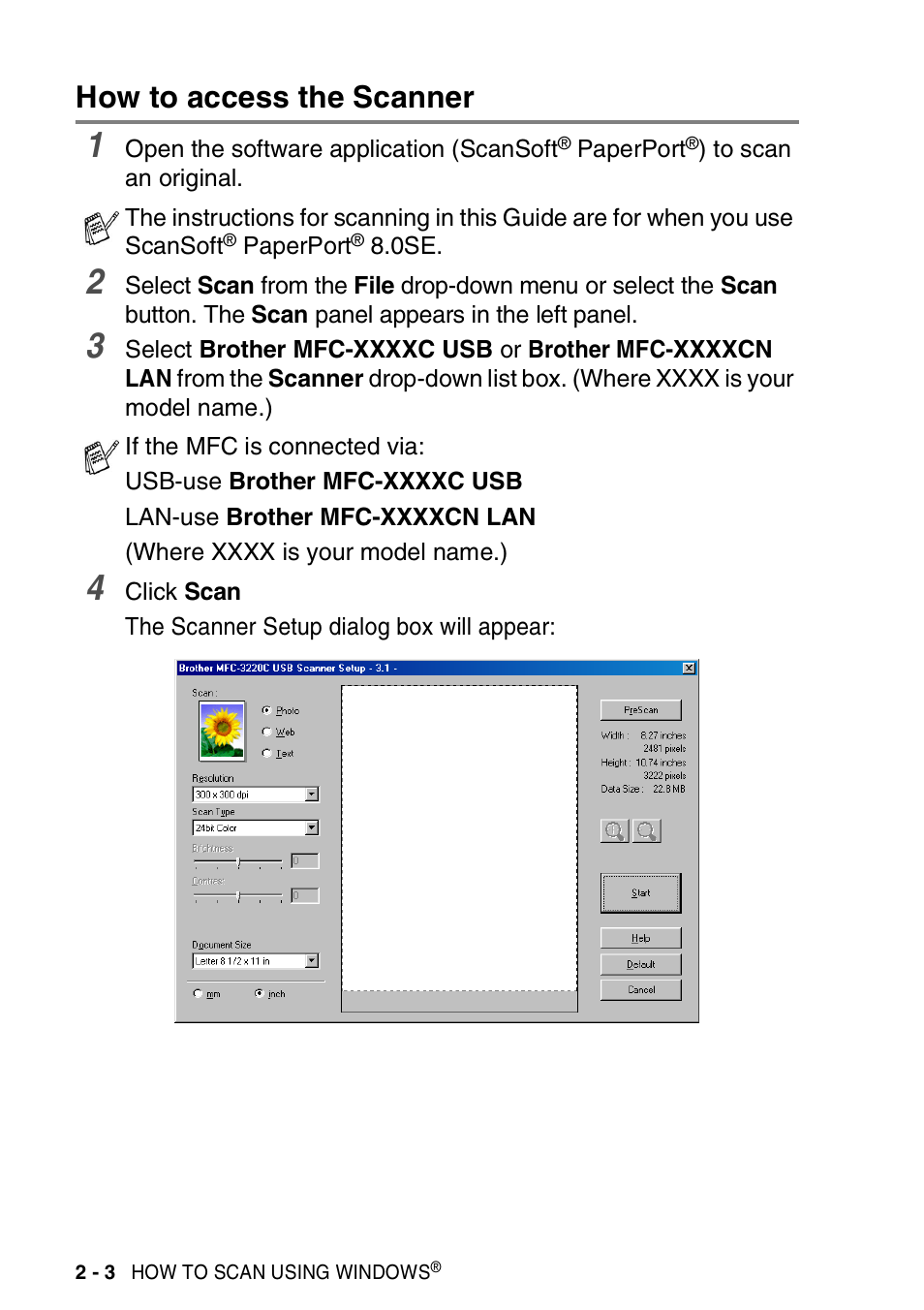 How to access the scanner, How to access the scanner -3 | Brother MFC-3420C User Manual | Page 32 / 181