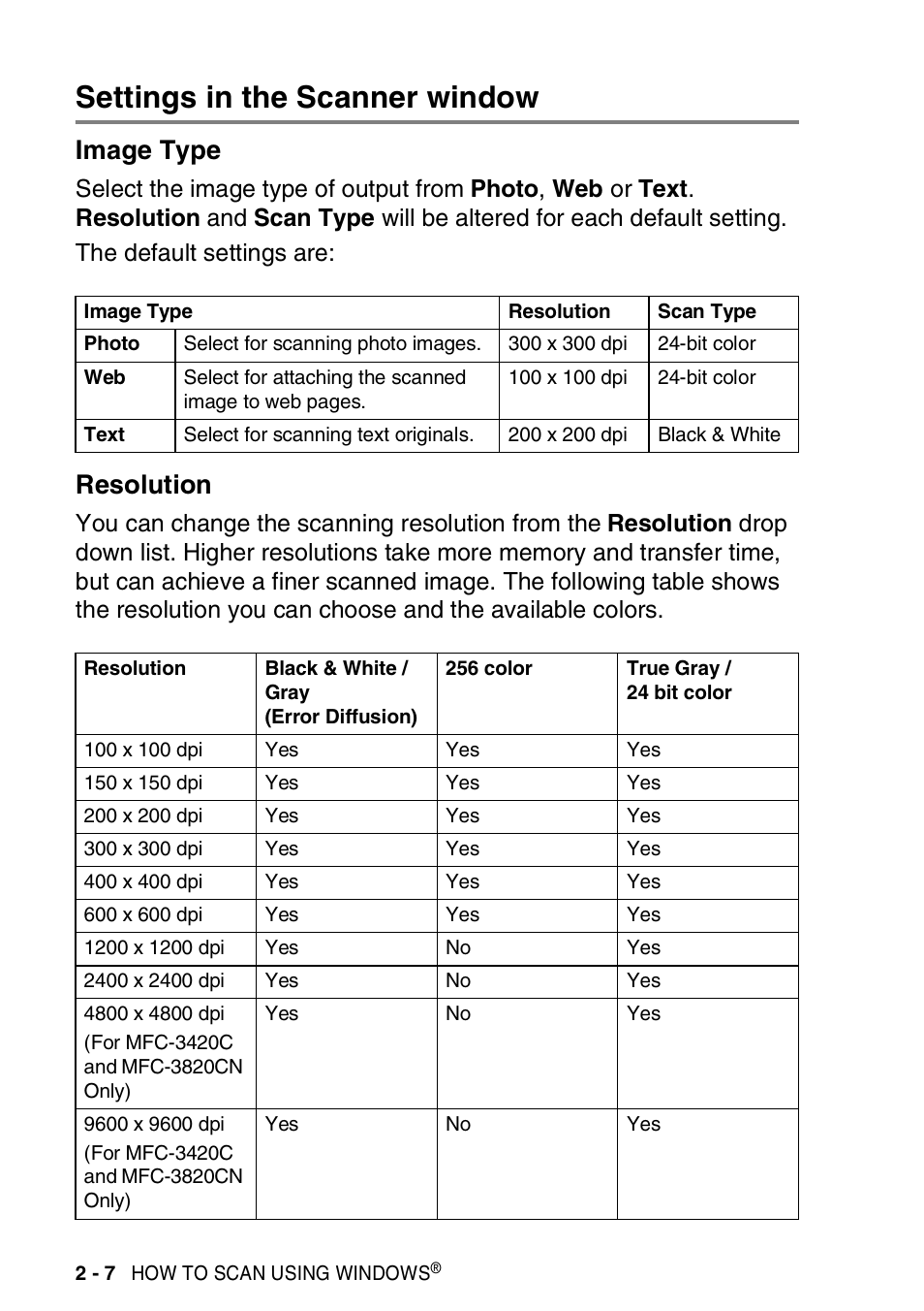 Settings in the scanner window, Image type, Resolution | Settings in the scanner window -7, Image type -7 resolution -7 | Brother MFC-3420C User Manual | Page 36 / 181