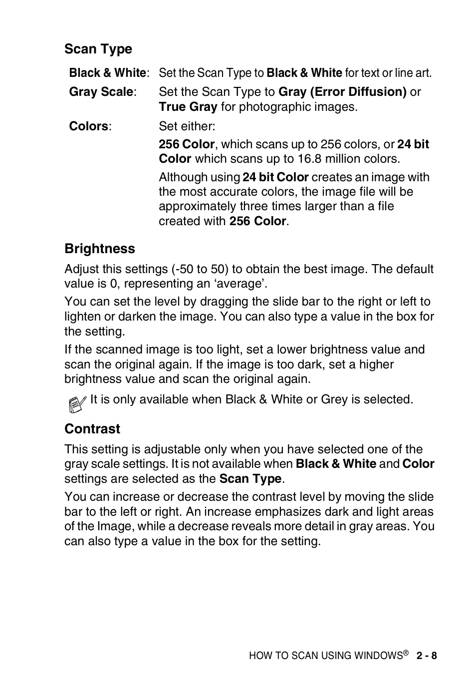 Scan type, Brightness, Contrast | Scan type -8 brightness -8 contrast -8 | Brother MFC-3420C User Manual | Page 37 / 181
