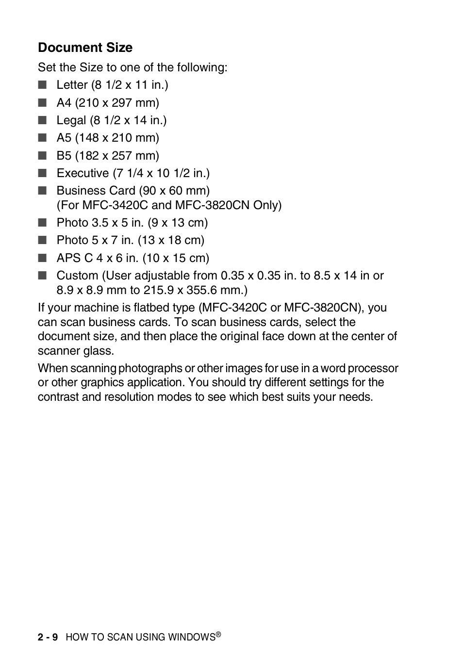 Document size, Document size -9 | Brother MFC-3420C User Manual | Page 38 / 181