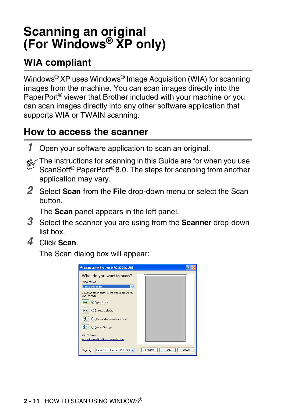 Scanning an original (for windows® xp only), Wia compliant, How to access the scanner | Scanning an original (for windows, Xp only) -11, Wia compliant -11 how to access the scanner -11, See scanning an original (for windows, Xp only) | Brother MFC-3420C User Manual | Page 40 / 181