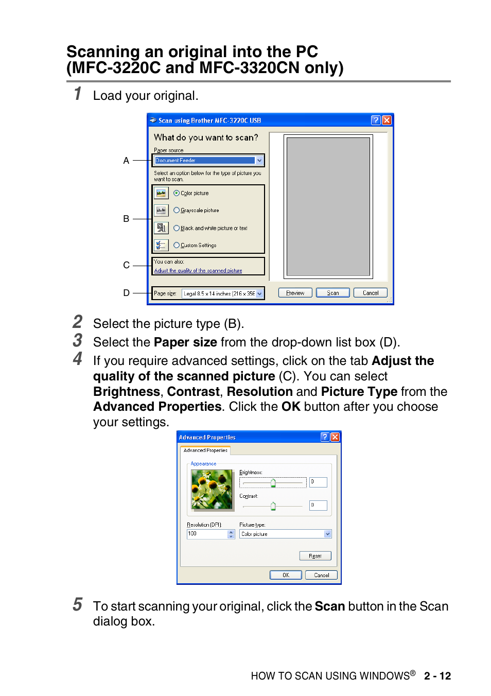 Scanning an original into the pc, Mfc-3220c and mfc-3320cn only) -12 | Brother MFC-3420C User Manual | Page 41 / 181