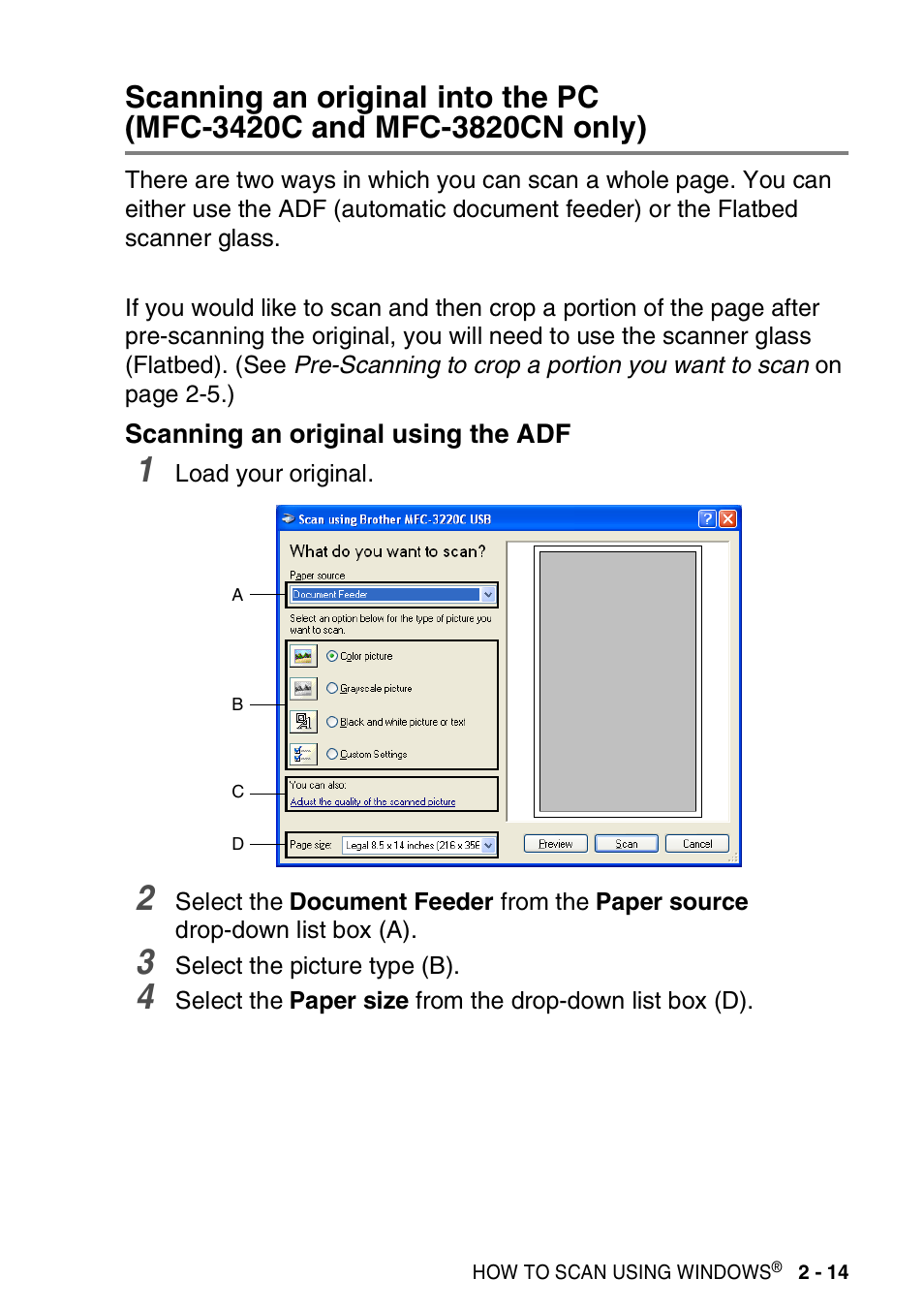 Scanning an original using the adf, Scanning an original into the pc | Brother MFC-3420C User Manual | Page 43 / 181