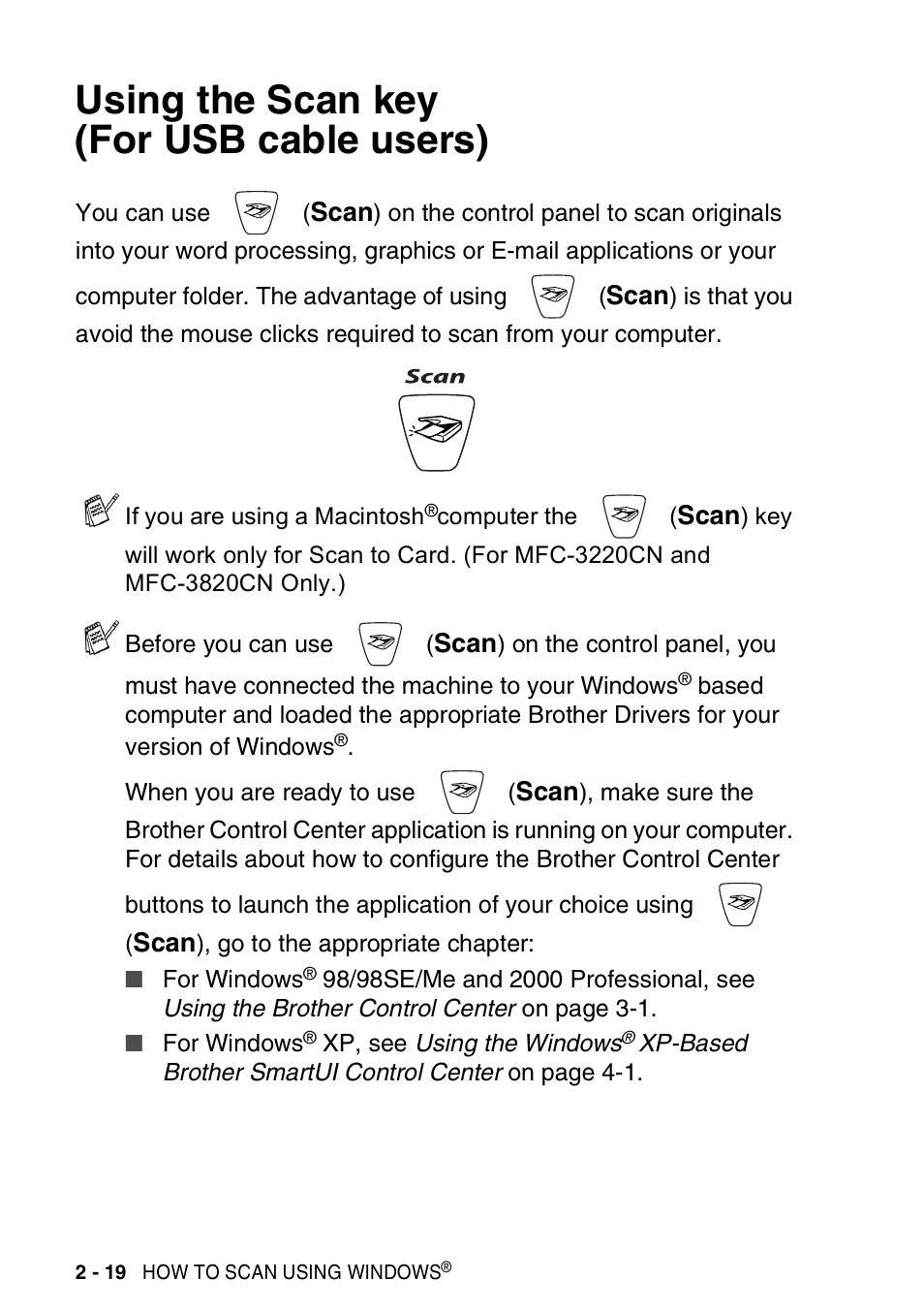 Using the scan key (for usb cable users), Using the scan key (for usb cable users) -19 | Brother MFC-3420C User Manual | Page 48 / 181