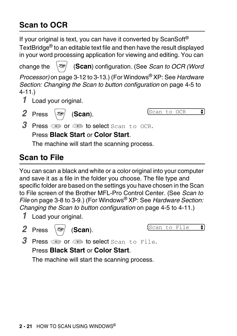 Scan to ocr, Scan to file, Scan to ocr -21 scan to file -21 | Brother MFC-3420C User Manual | Page 50 / 181