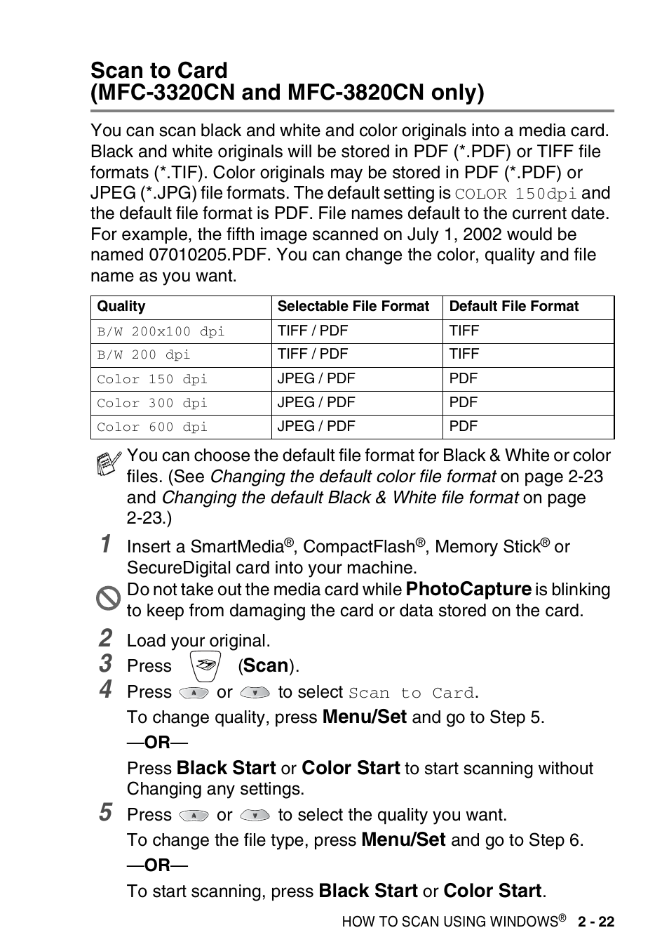 Scan to card (mfc-3320cn and mfc-3820cn only), Scan to card, Mfc-3320cn and mfc-3820cn only) -22 | Brother MFC-3420C User Manual | Page 51 / 181