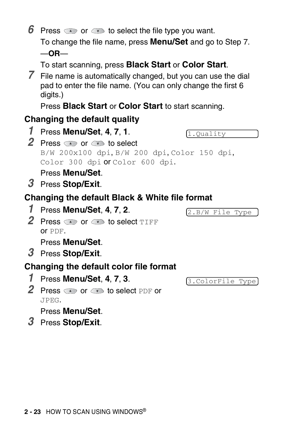 Changing the default quality, Changing the default black & white file format, Changing the default color file format | Brother MFC-3420C User Manual | Page 52 / 181
