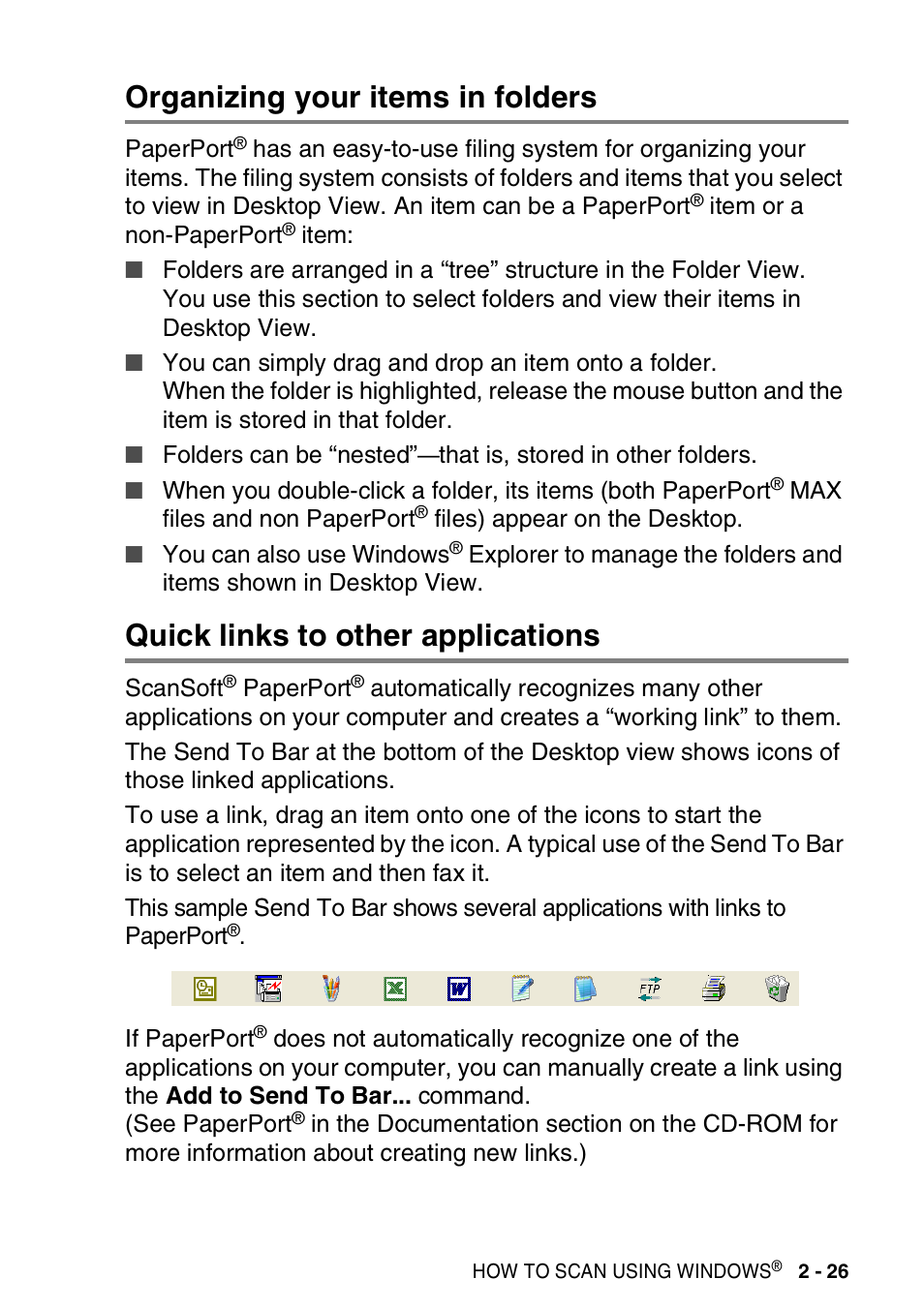 Organizing your items in folders, Quick links to other applications, Organizing your items in folders -26 | Quick links to other applications -26 | Brother MFC-3420C User Manual | Page 55 / 181
