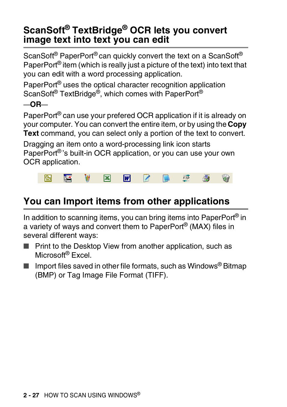 You can import items from other applications, Scansoft, Textbridge | Ocr lets you convert, Image text into text you can edit -27, You can import items from other applications -27 | Brother MFC-3420C User Manual | Page 56 / 181