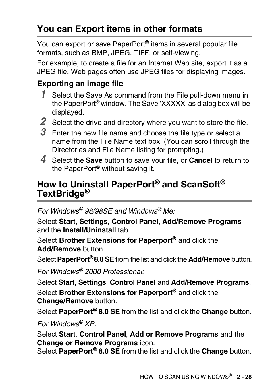 You can export items in other formats, Exporting an image file, You can export items in other formats -28 | Exporting an image file -28, How to uninstall paperport, Scansoft, Textbridge, And scansoft | Brother MFC-3420C User Manual | Page 57 / 181