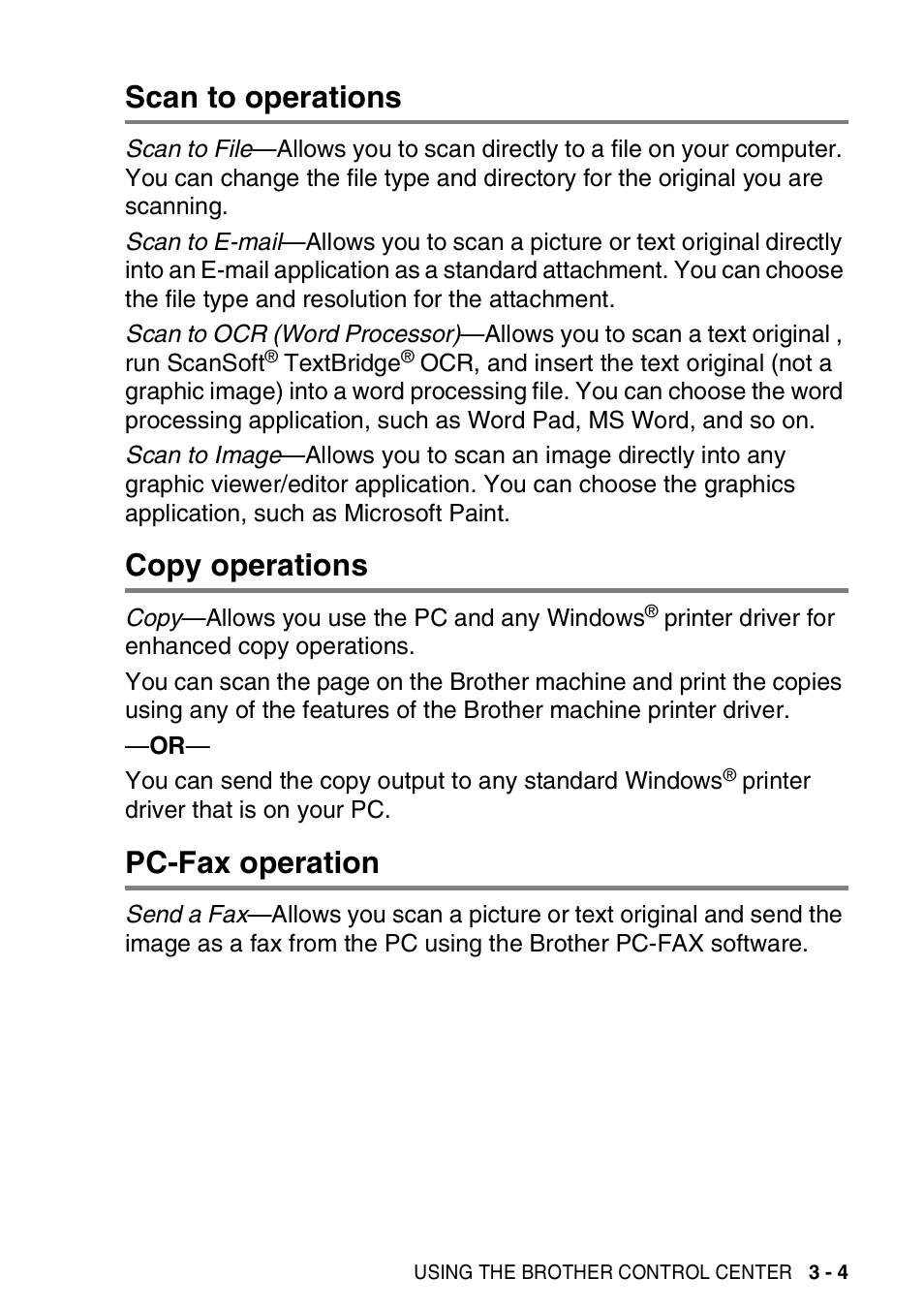 Scan to operations, Copy operations, Pc-fax operation | Brother MFC-3420C User Manual | Page 61 / 181