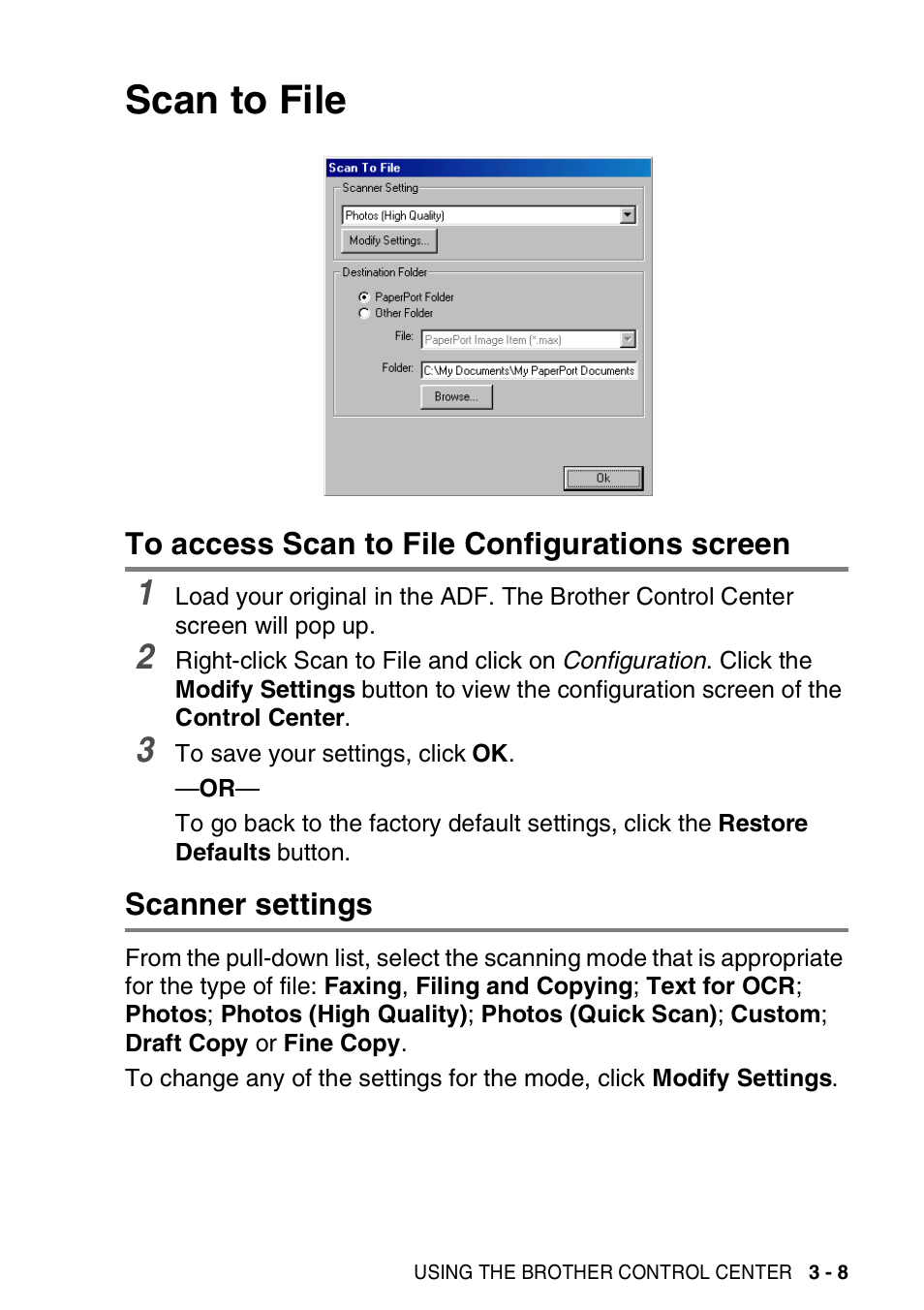 Scan to file, To access scan to file configurations screen, Scanner settings | Scan to file -8 | Brother MFC-3420C User Manual | Page 65 / 181