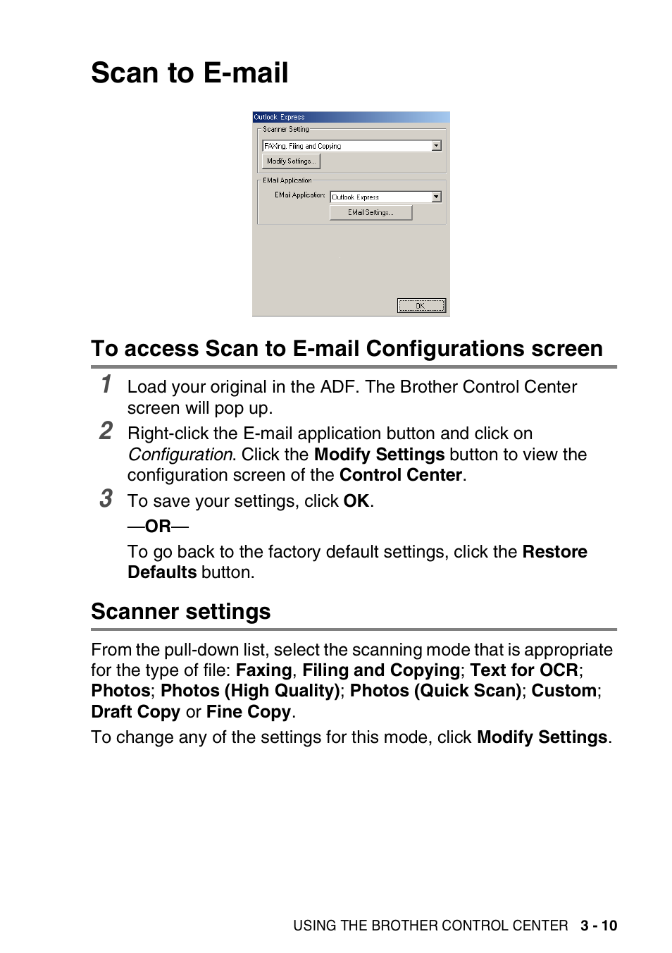 Scan to e-mail, To access scan to e-mail configurations screen, Scanner settings | Scan to e-mail -10 | Brother MFC-3420C User Manual | Page 67 / 181