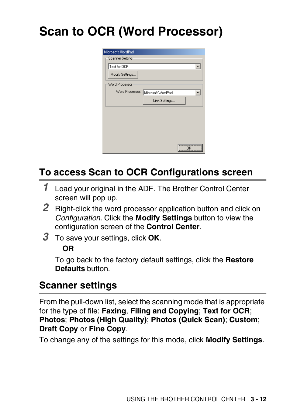Scan to ocr (word processor), To access scan to ocr configurations screen, Scanner settings | Scan to ocr (word processor) -12, See scan to ocr (word | Brother MFC-3420C User Manual | Page 69 / 181