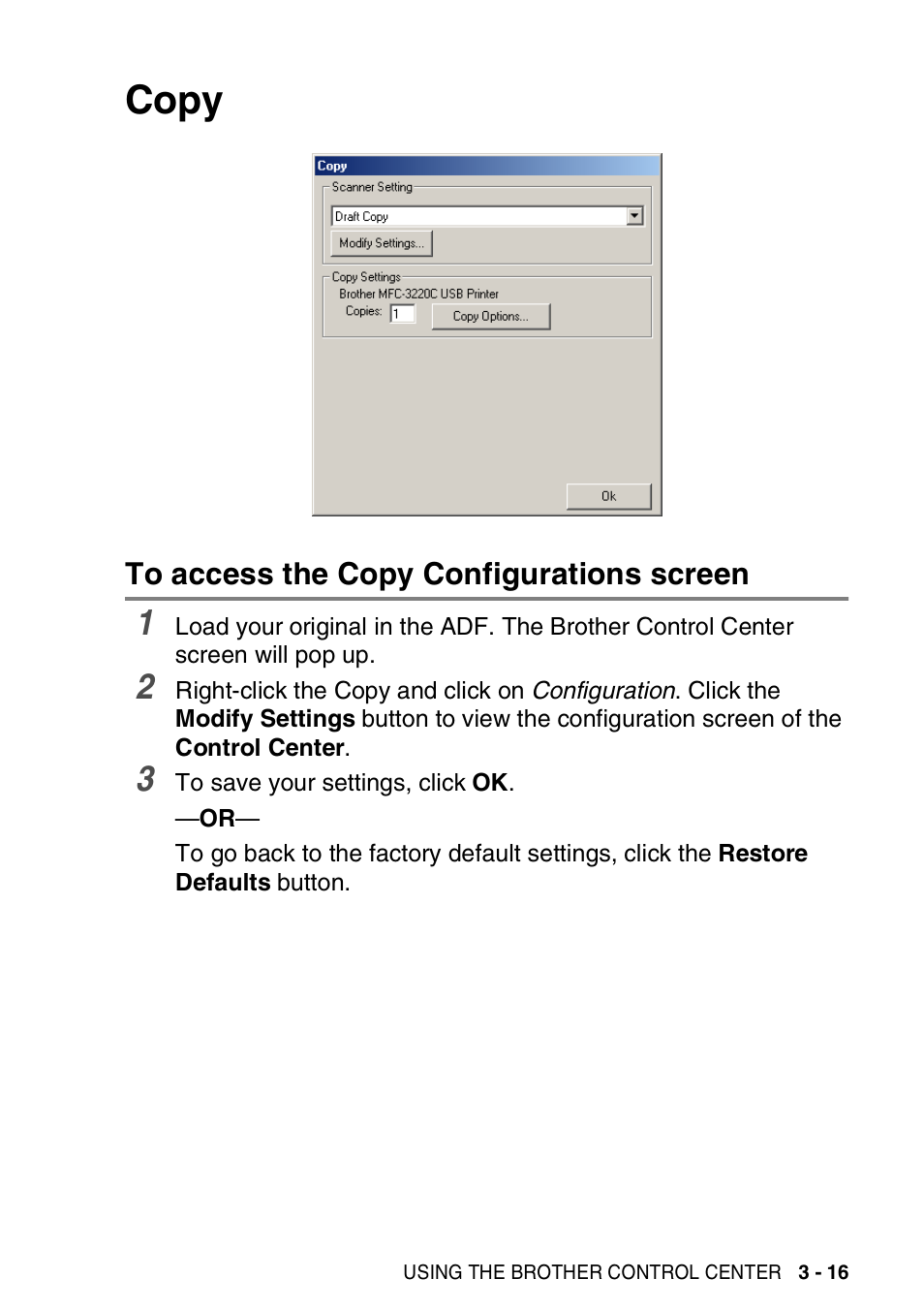 Copy, To access the copy configurations screen, Copy -16 | To access the copy configurations screen -16 | Brother MFC-3420C User Manual | Page 73 / 181